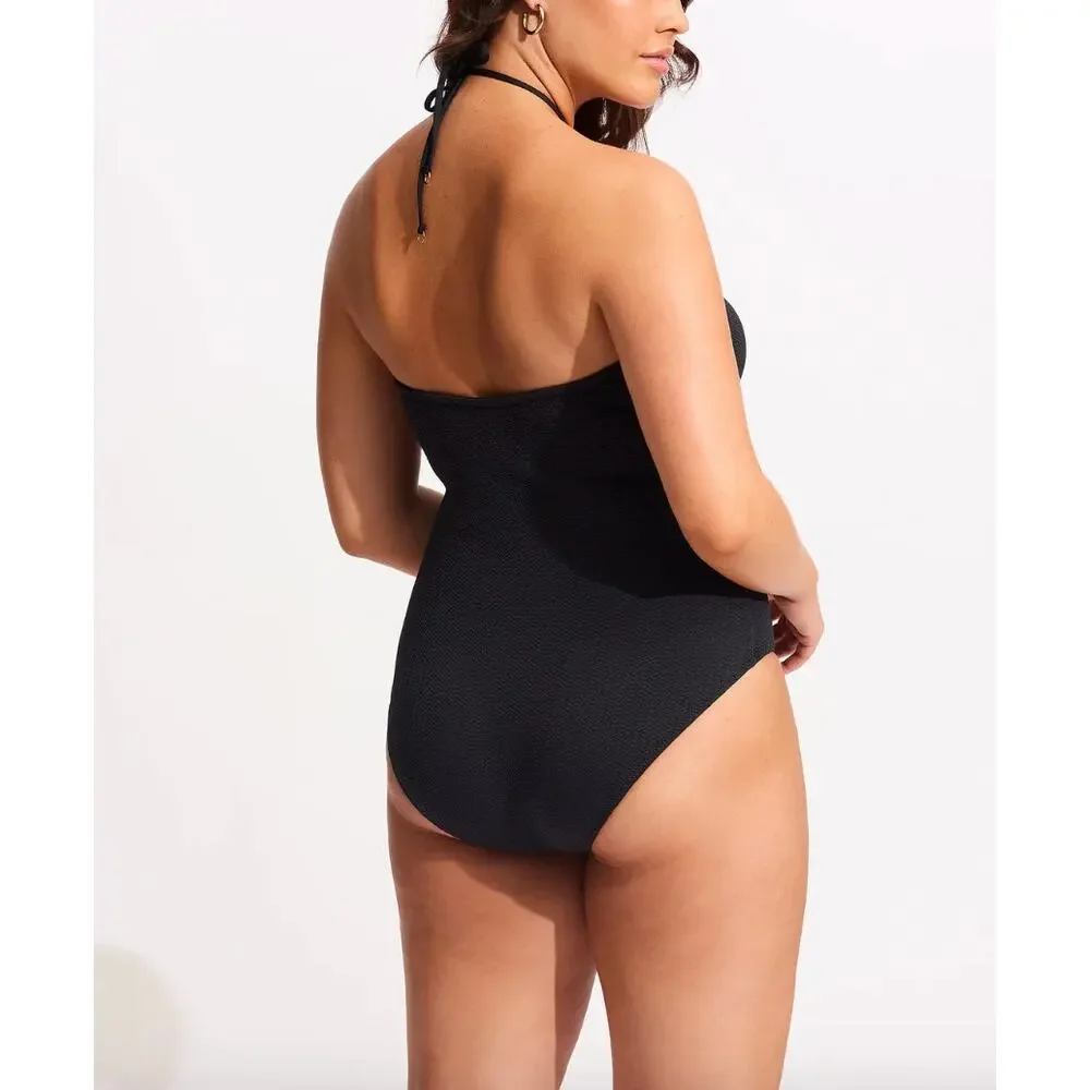 SEAFOLLY Black Halter Bandeau One Piece Tie Swimsuit Bathing Suit NWT Size 10